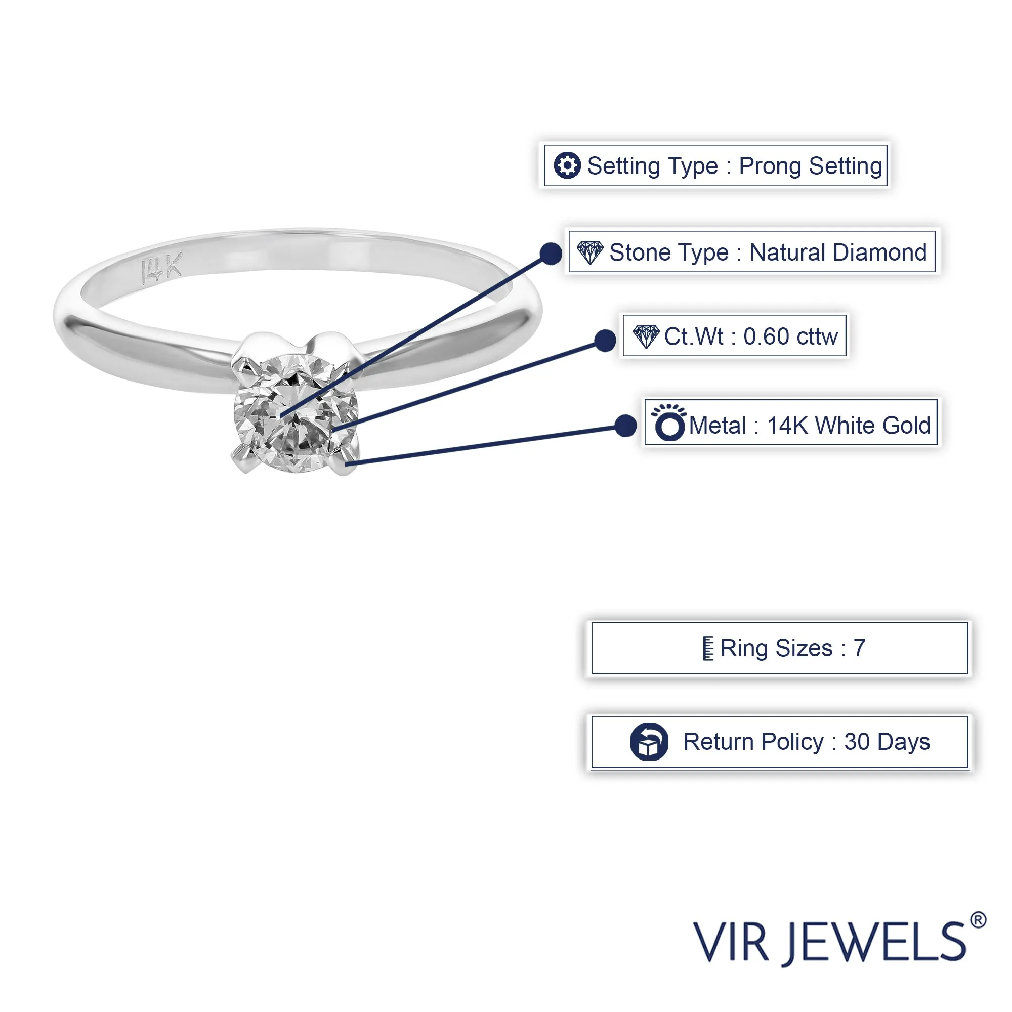 0.60 cttw SI2 Diamond Solitaire Engagement Ring 14K White Gold Round Size 7