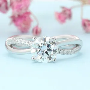 1.0 Ct Round Cut Diamond Halo Twist Band Engagement Ring