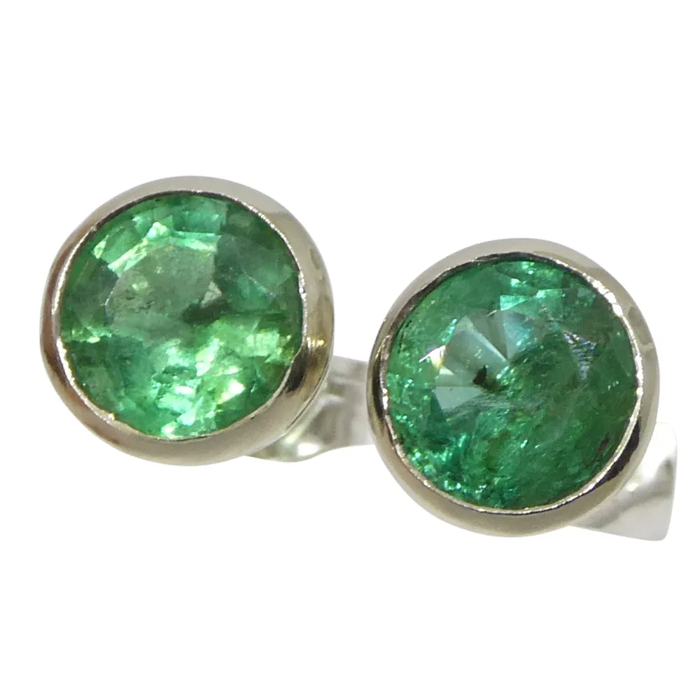 1.04ct Round Green Emerald Stud Earrings set in 14k White Gold