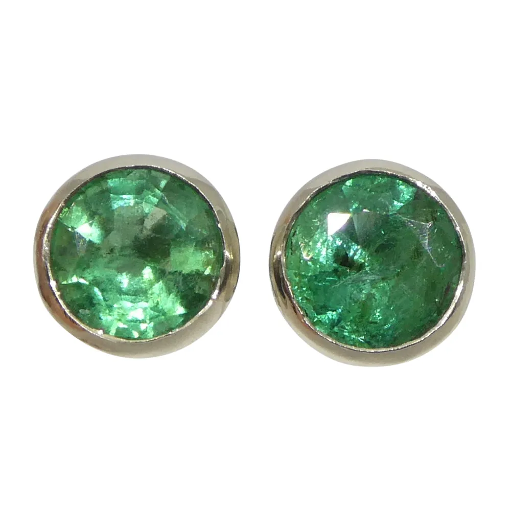 1.04ct Round Green Emerald Stud Earrings set in 14k White Gold
