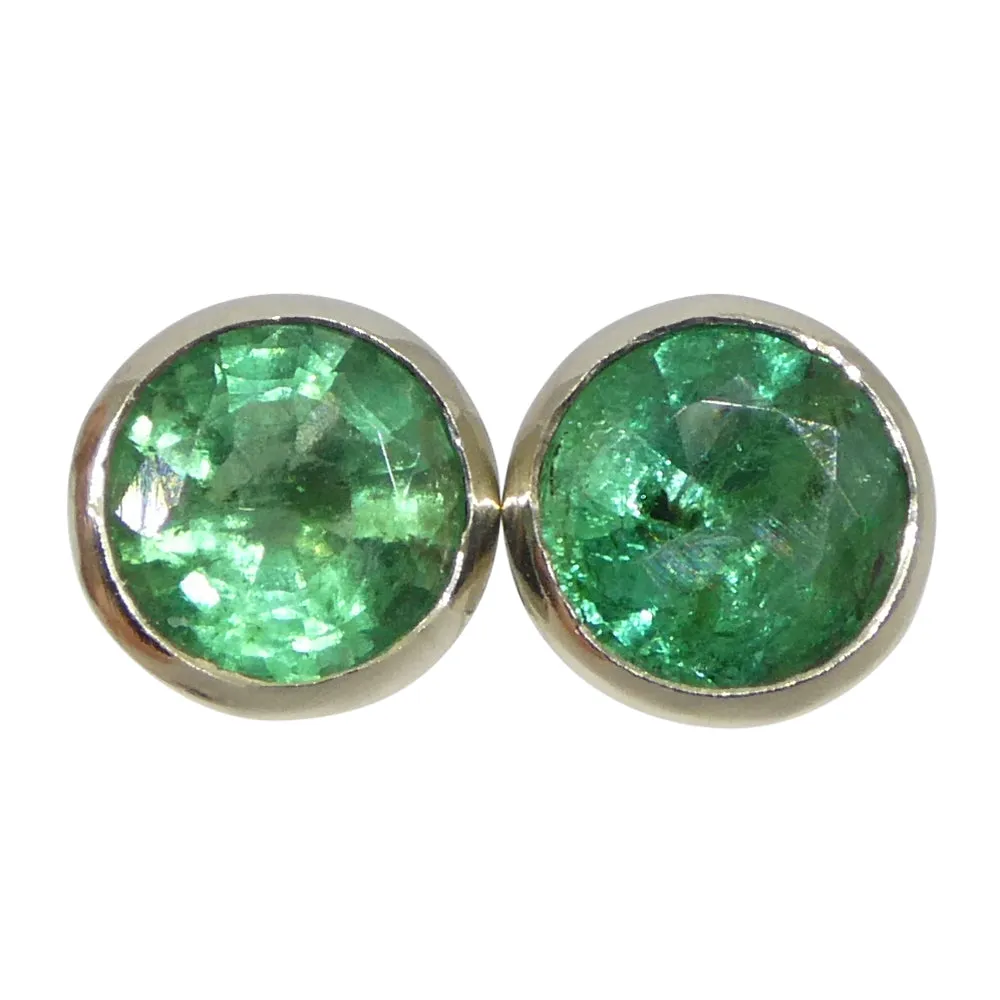 1.04ct Round Green Emerald Stud Earrings set in 14k White Gold
