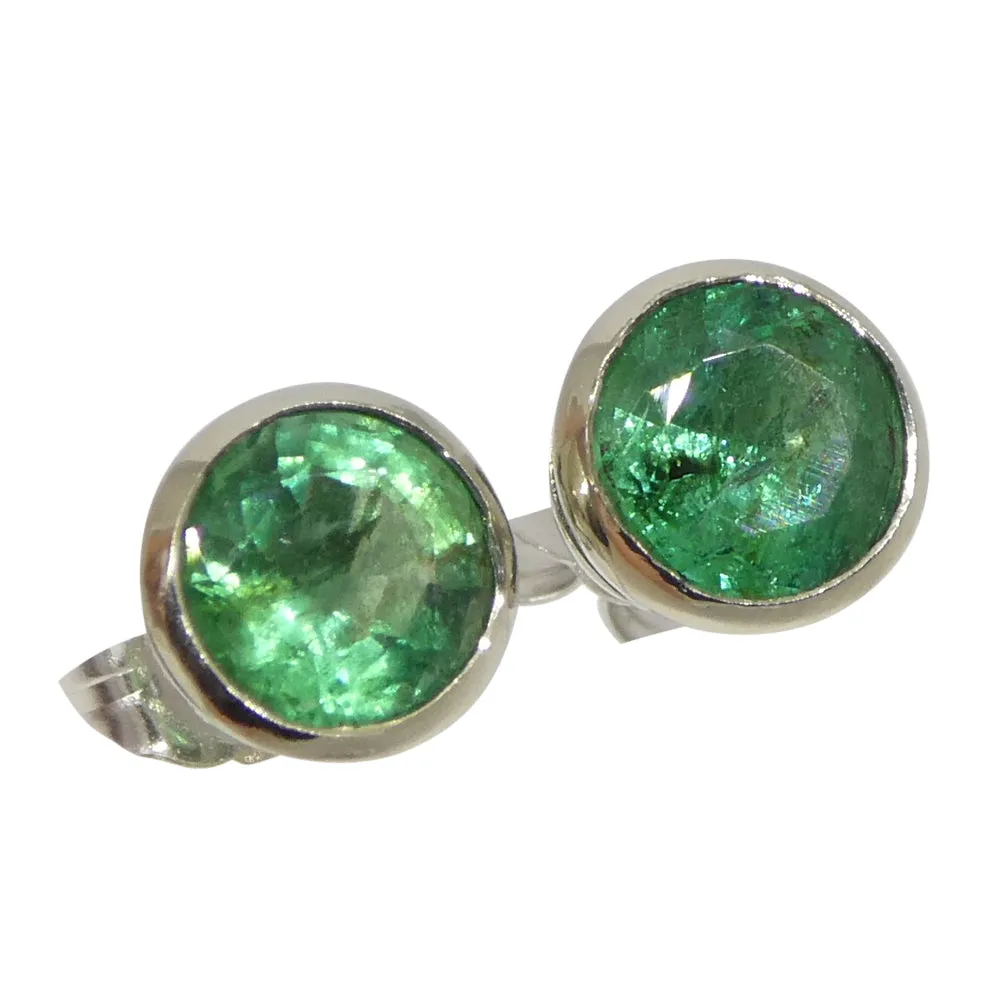 1.04ct Round Green Emerald Stud Earrings set in 14k White Gold