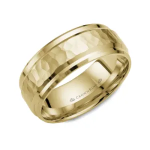 10K Yellow Gold (8mm) Frosted Hammered Center and Beveled High Polished Sides Wedding Band