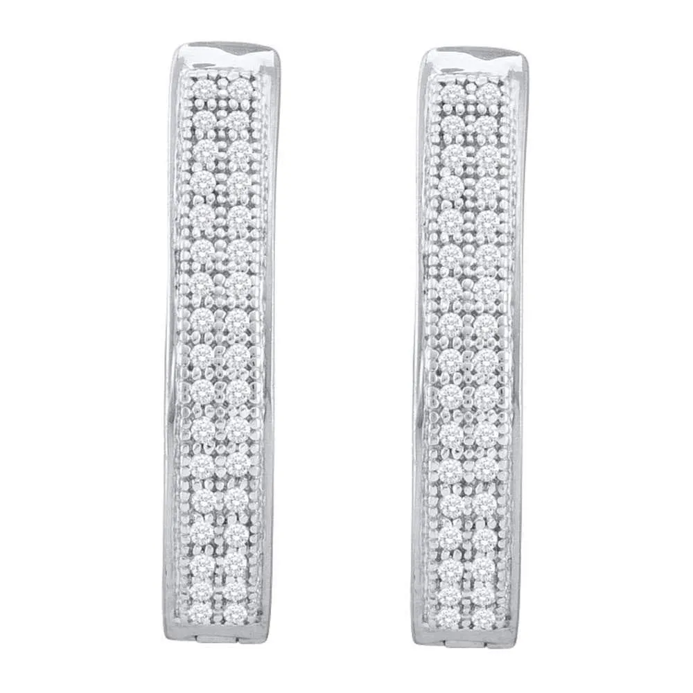 10kt White Gold Womens Round Diamond Double Row Hoop Earrings 1/5 Cttw