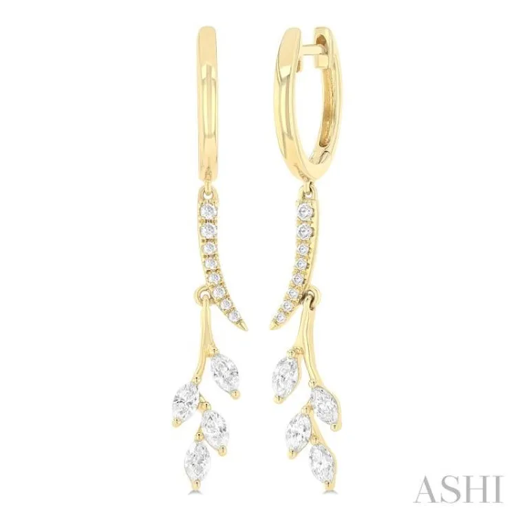1/2 ctw Marquise and Round Cut Diamond Leaf Dangler Hoop Earrings in 14K Yellow Gold