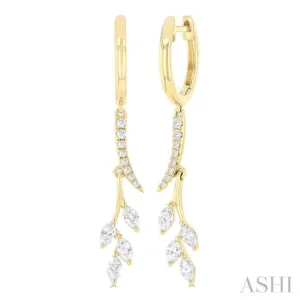 1/2 ctw Marquise and Round Cut Diamond Leaf Dangler Hoop Earrings in 14K Yellow Gold