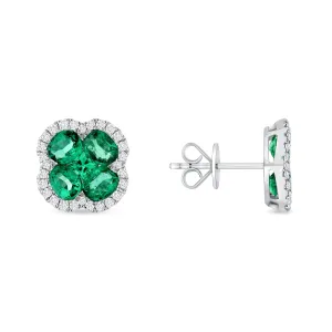 1.32tcw Round Colombian Emerald and Halo Diamond Flower Stud Earrings 14k White Gold