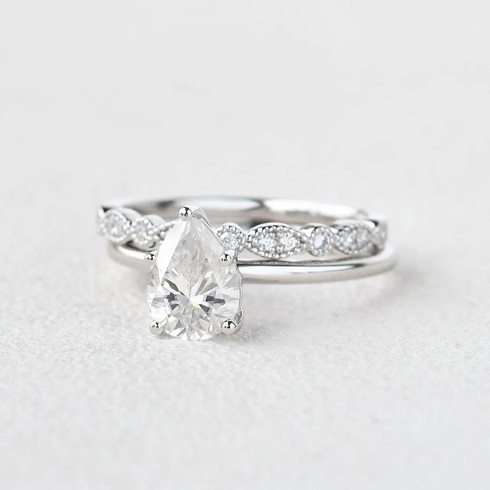 1.3ct Pear Shaped Moissanite Solitaire Ring Set 2pcs