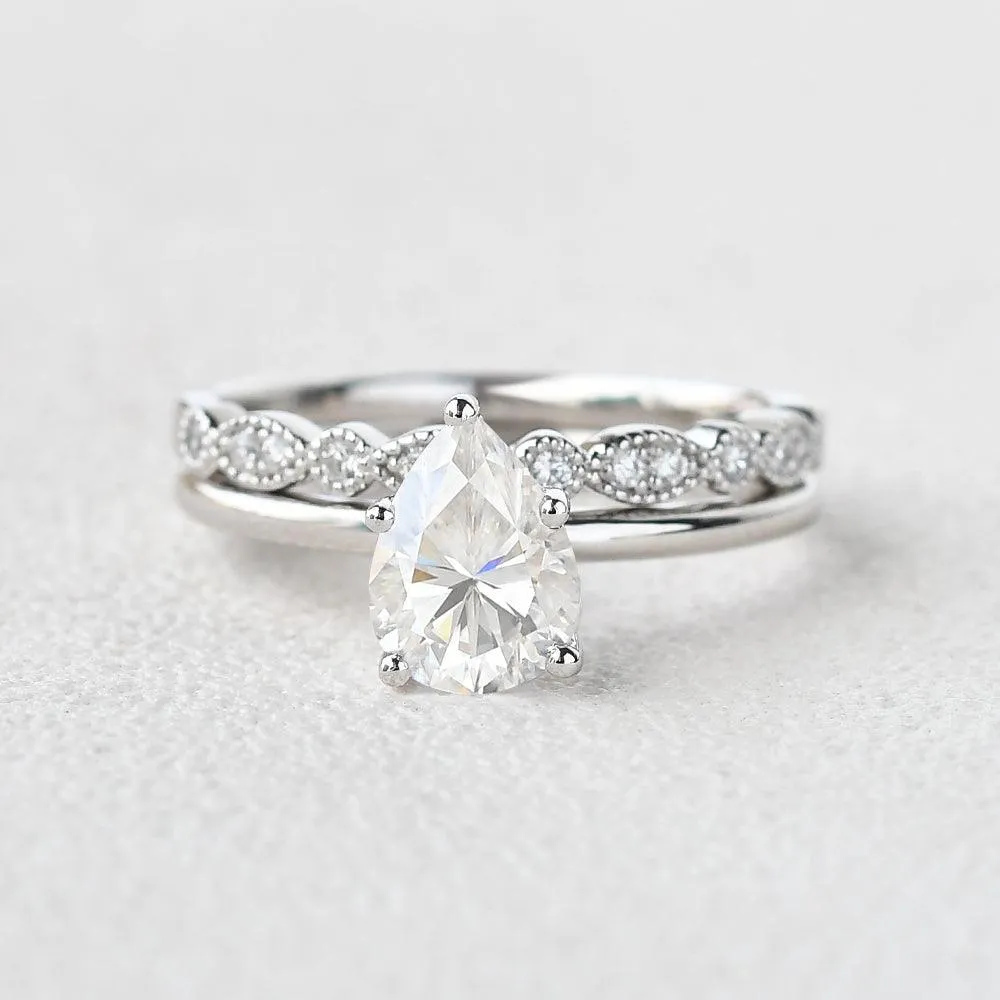 1.3ct Pear Shaped Moissanite Solitaire Ring Set 2pcs