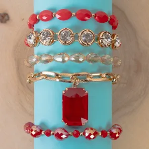 1446 - Crystal Stacked Bracelets - Red