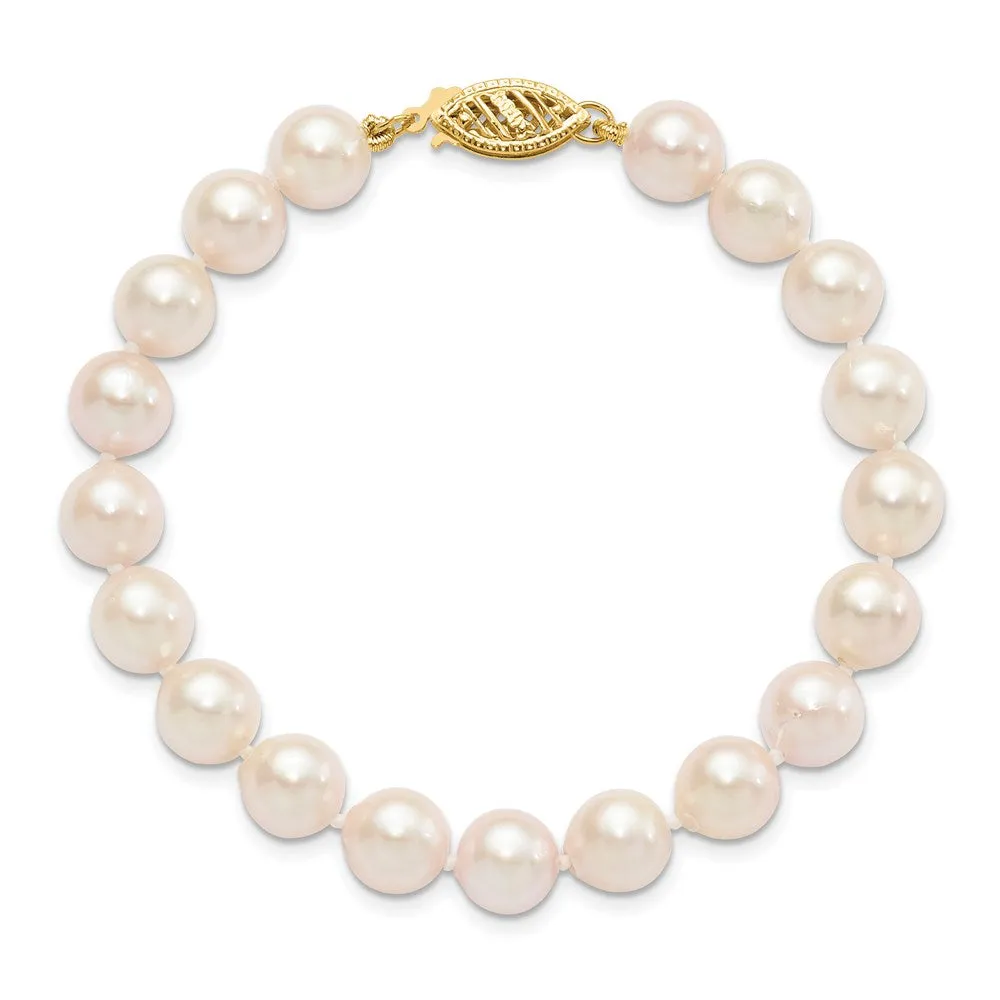 14k 7-8mm Round White Gold Saltwater Akoya Cultured Pearl Bracelet