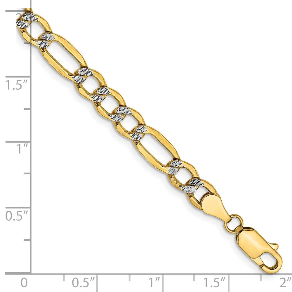 14K 7 inch 5.25mm Semi-Solid with Rhodium Pav� Figaro with Lobster Clasp Bracelet