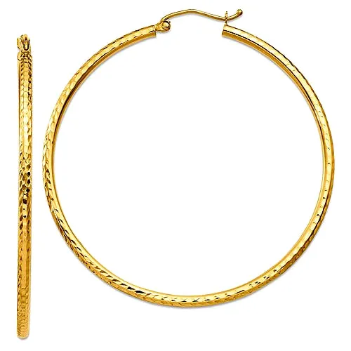 14k Gold Extra Large Hoop Earrings, Diamond Cut, 2 inch Diameter