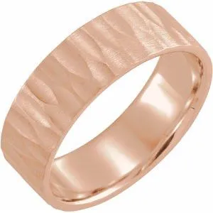 14K Rose 7 mm Flat Edge Band with Hammer Finish Size 10