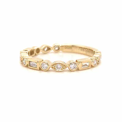 14K Round and Baguette Diamond Band Yellow Gold