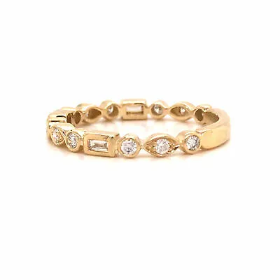 14K Round and Baguette Diamond Band Yellow Gold