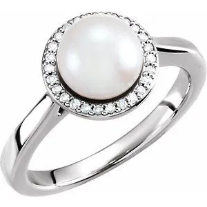 14K White Freshwater Cultured Pearl & .07 CTW Diamond Halo-Style Ring