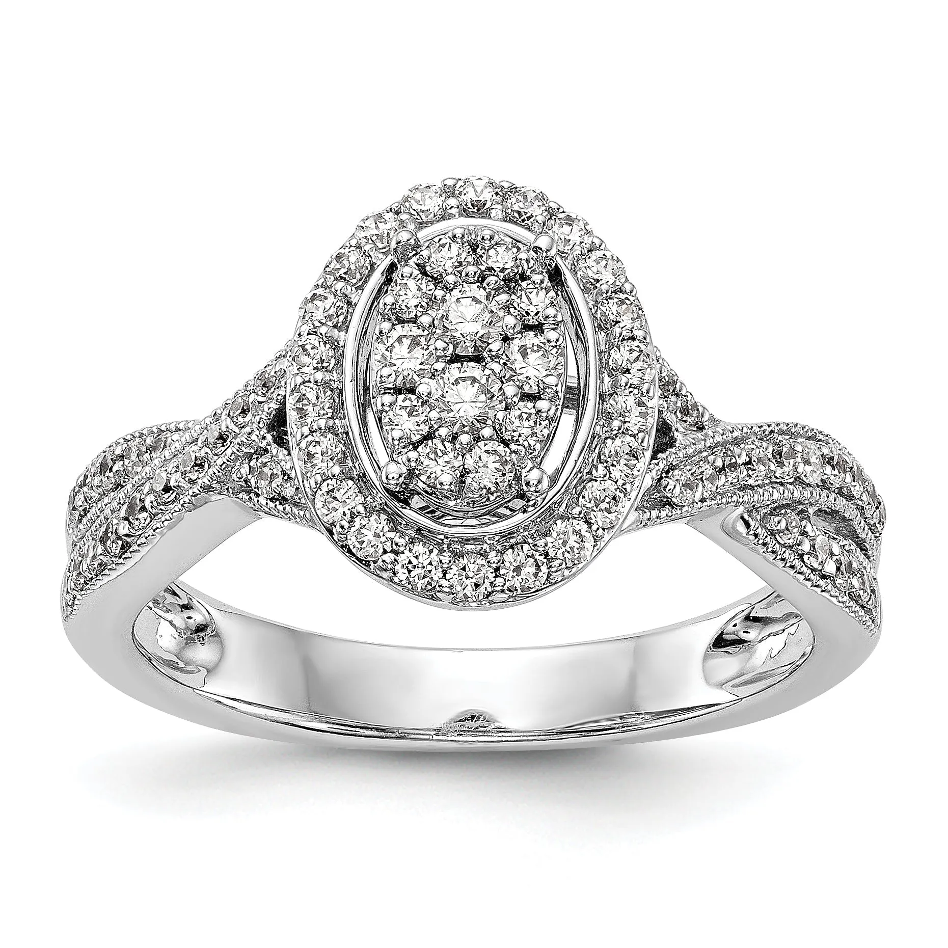 14K White Gold Diamond Cluster Oval Halo Twist Engagement Ring