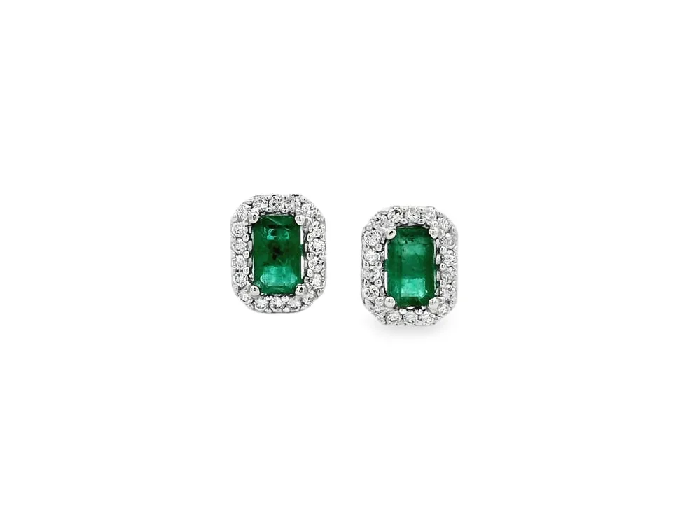 14K White Gold Emerald & Diamond Stud Earrings