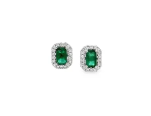 14K White Gold Emerald & Diamond Stud Earrings