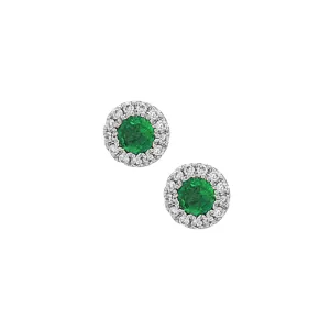 14K White Gold Emerald and Diamond Halo Stud Earrings