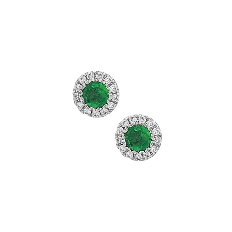 14K White Gold Emerald and Diamond Halo Stud Earrings