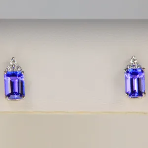 14K White Gold Emerald Cut Tanzanite and Diamond Studs 2.27 Carats