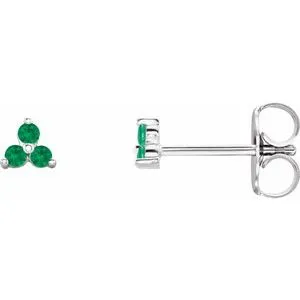 14K White Natural Emerald Three Stone Earrings