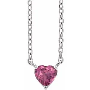 14K White Natural Pink Tourmaline Heart 16-18" Necklace