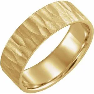 14K Yellow 7 mm Flat Edge Band with Hammer Finish Size 11.5