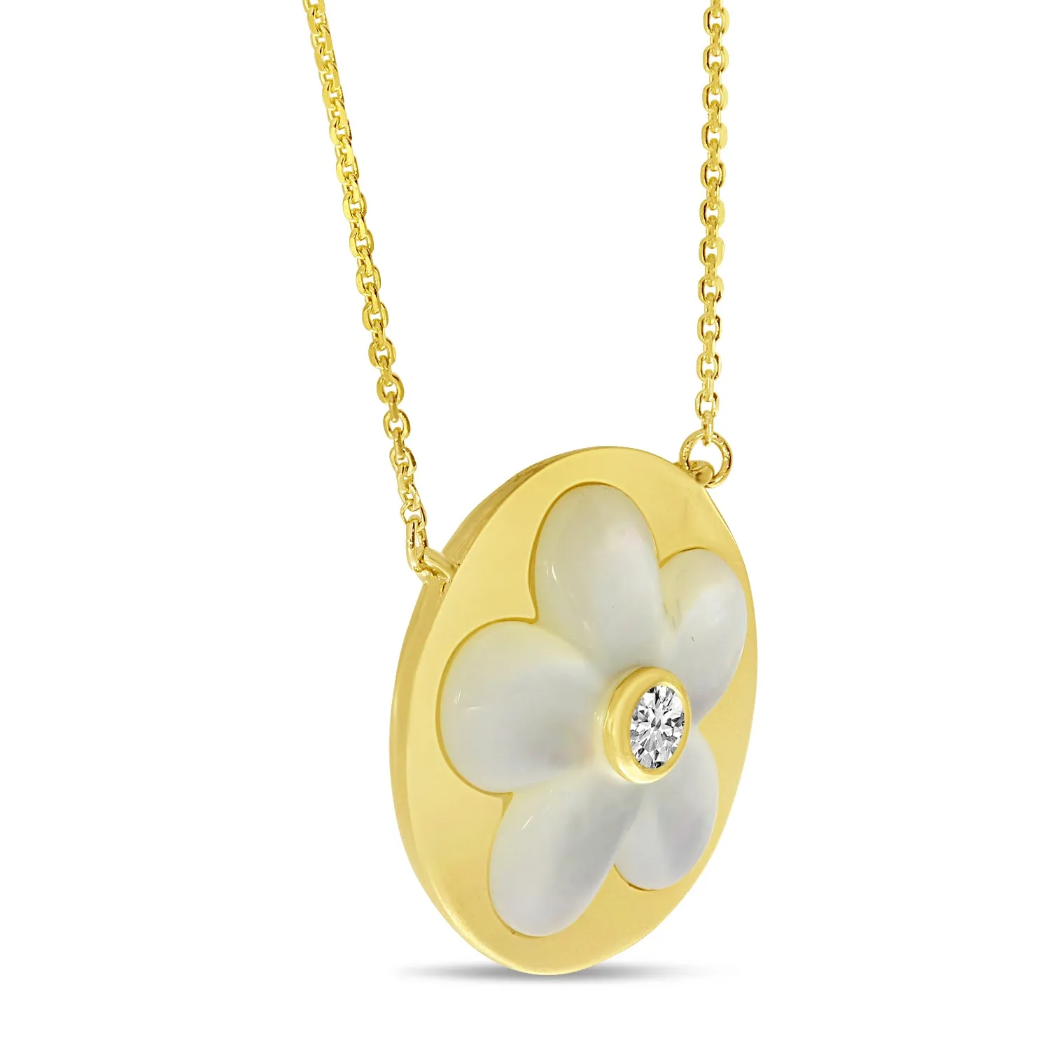 14K Yellow Gold 0.07ct. Diamond Mother of Pearl Floral Necklace