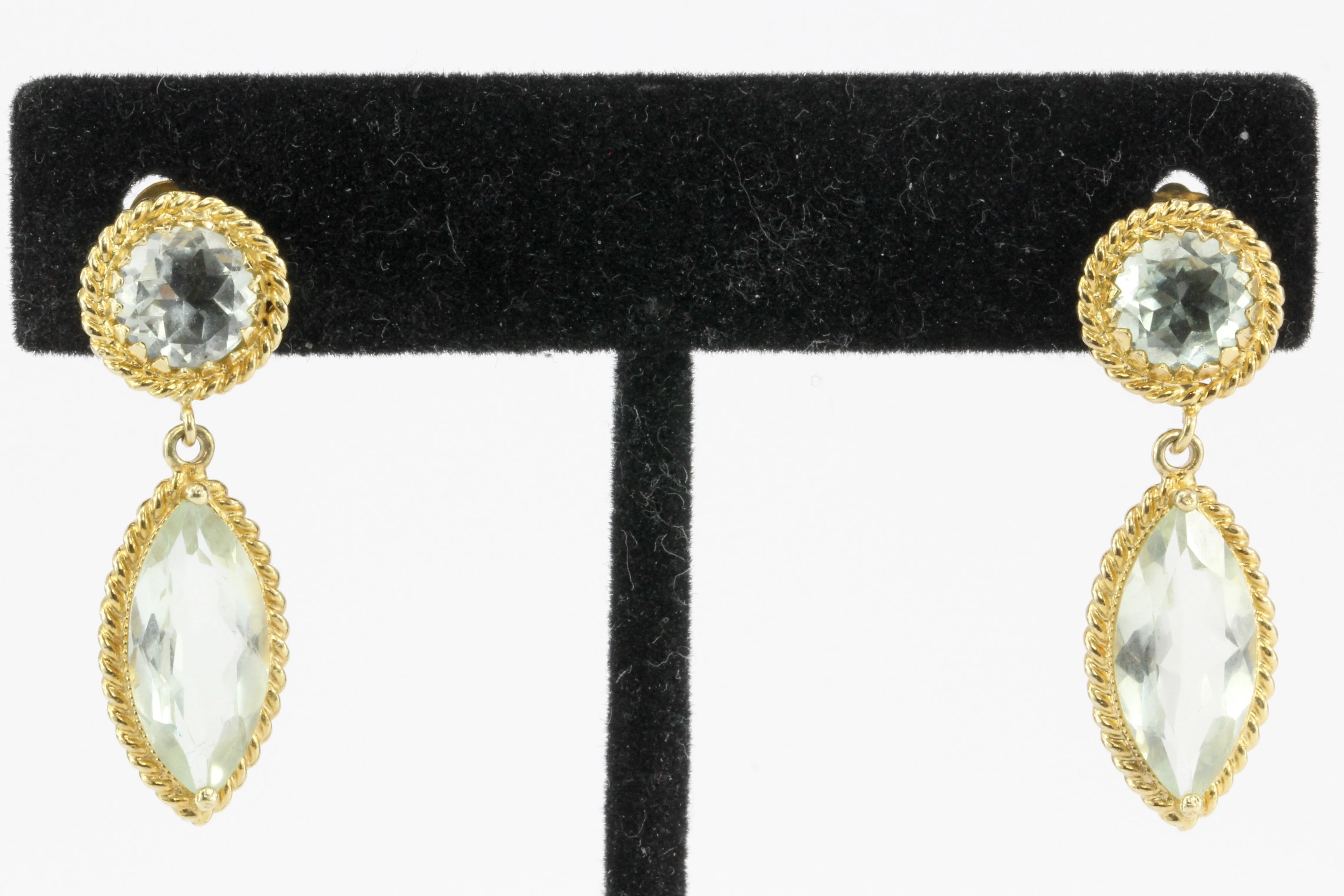 14K Yellow Gold Round & Marquise Aquamarine Drop Earrings