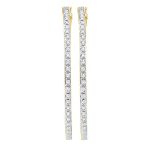 14K Yellow Gold Round Diamond Slender Single Row Hoop Earrings 1.00 Cttw