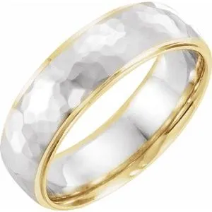 14K Yellow/White/Yellow 6 mm Flat Edge Band with Hammer Finish Size 8