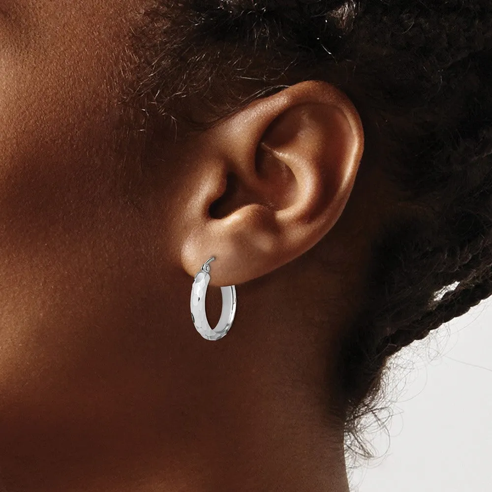 14KT White Gold Diamond-cut Hoop Earrings