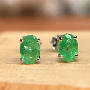 14KT White Gold Oval 1.00 CT Colombian Emerald Stud Earrings