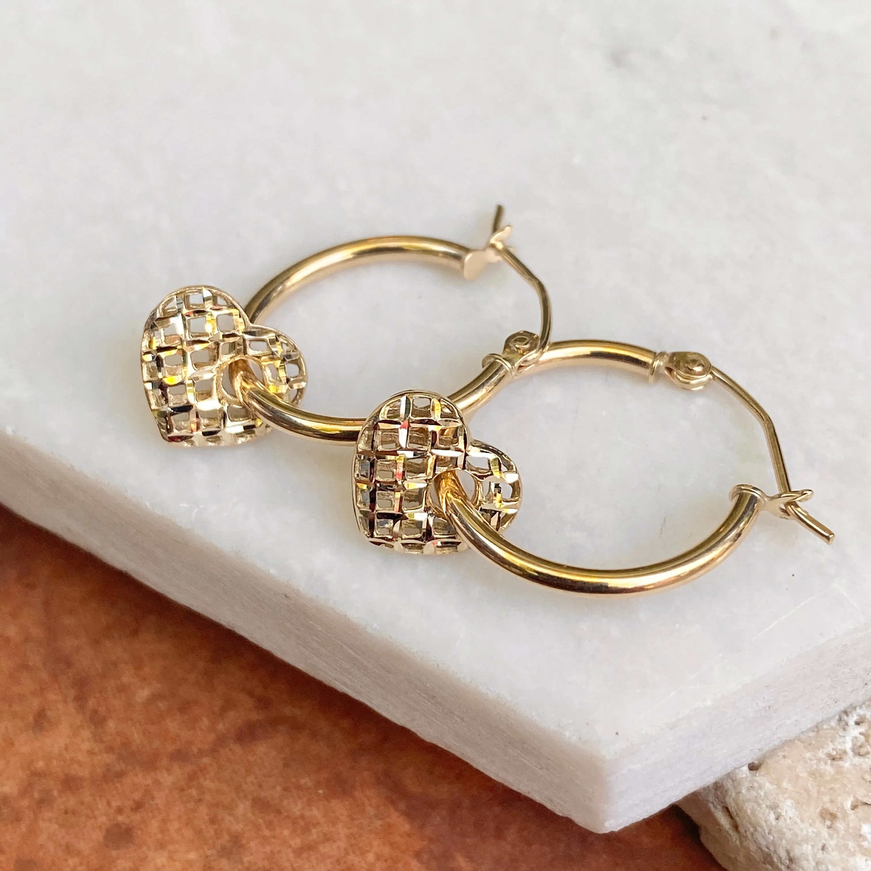 14KT Yellow Gold Diamond-Cut Weave Heart Charm Hoop Earrings