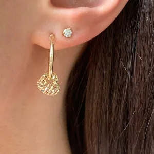 14KT Yellow Gold Diamond-Cut Weave Heart Charm Hoop Earrings
