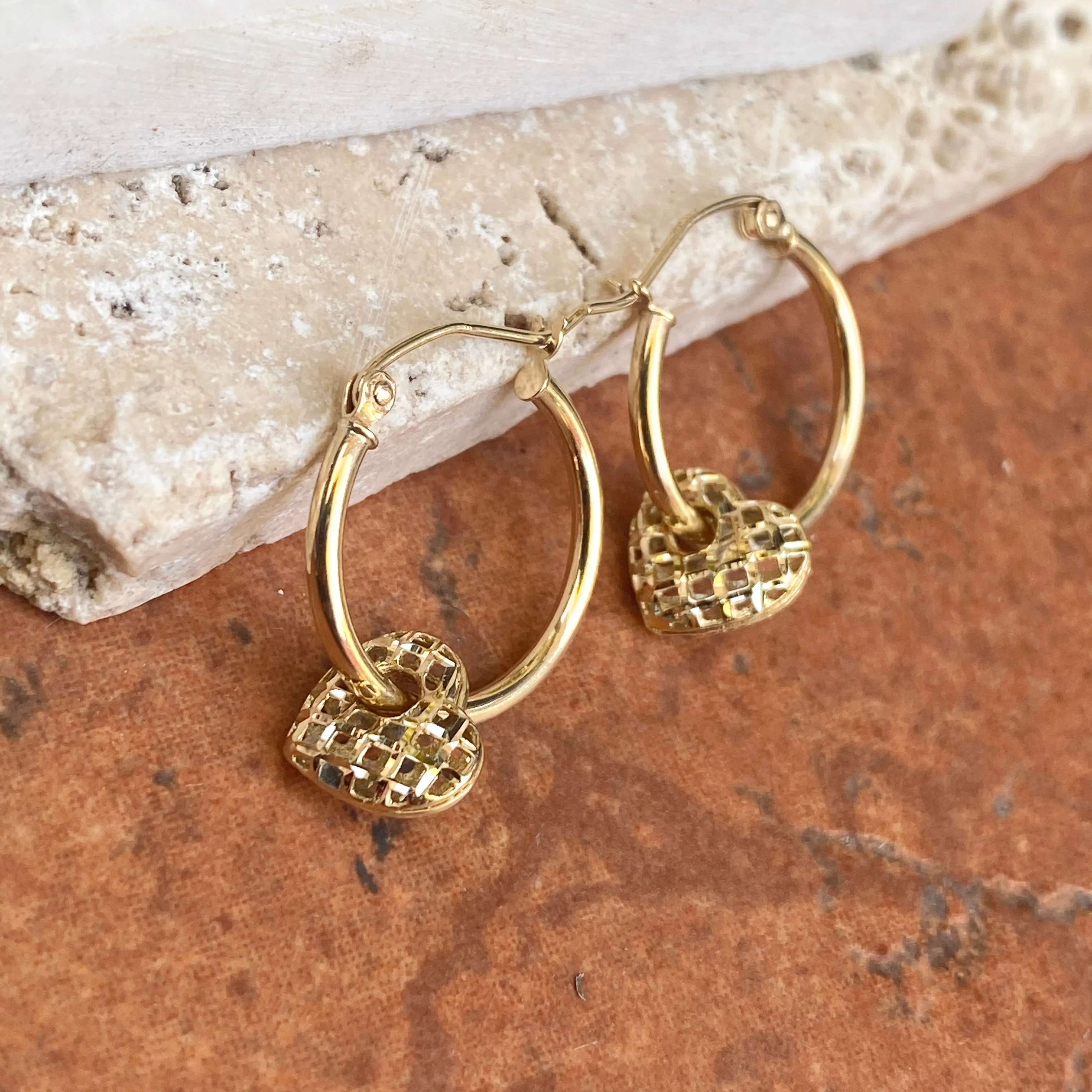 14KT Yellow Gold Diamond-Cut Weave Heart Charm Hoop Earrings