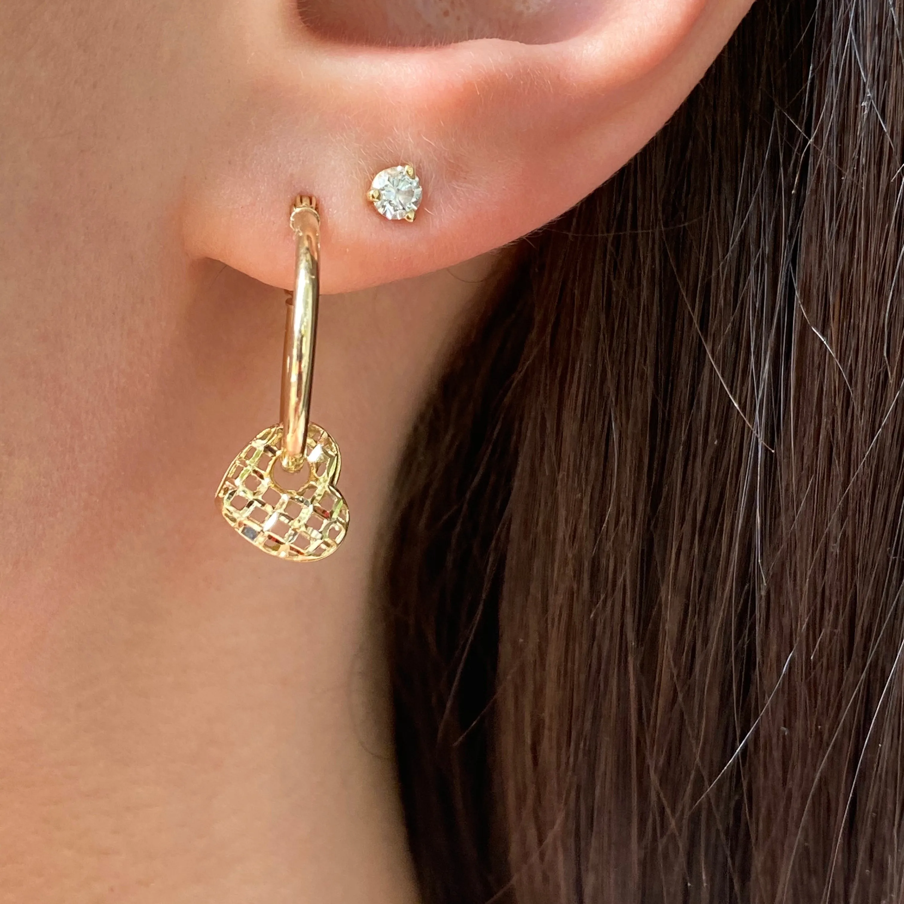 14KT Yellow Gold Diamond-Cut Weave Heart Charm Hoop Earrings