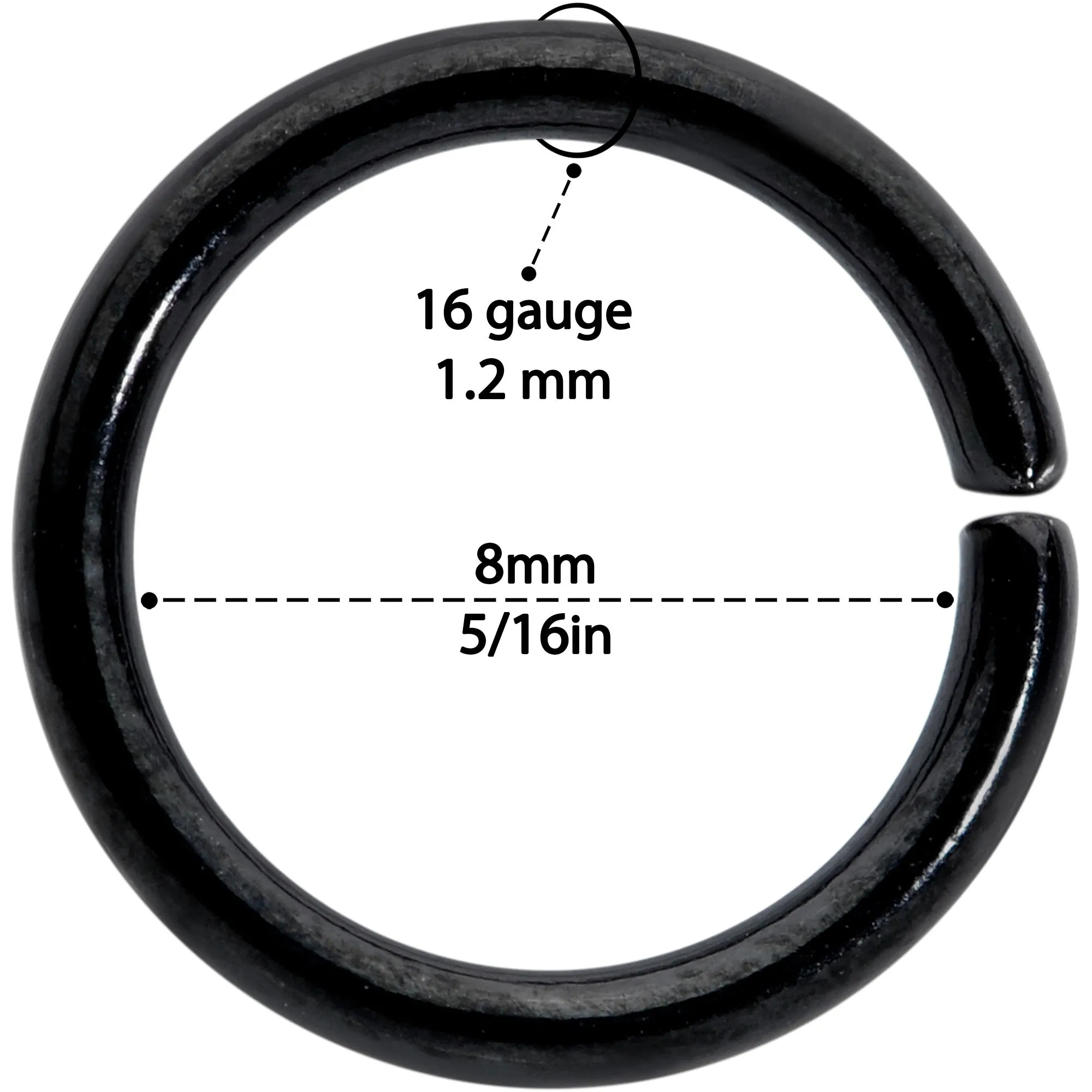 16 Gauge 5/16 Black Anodized Seamless Cartilage Ring Set of 12