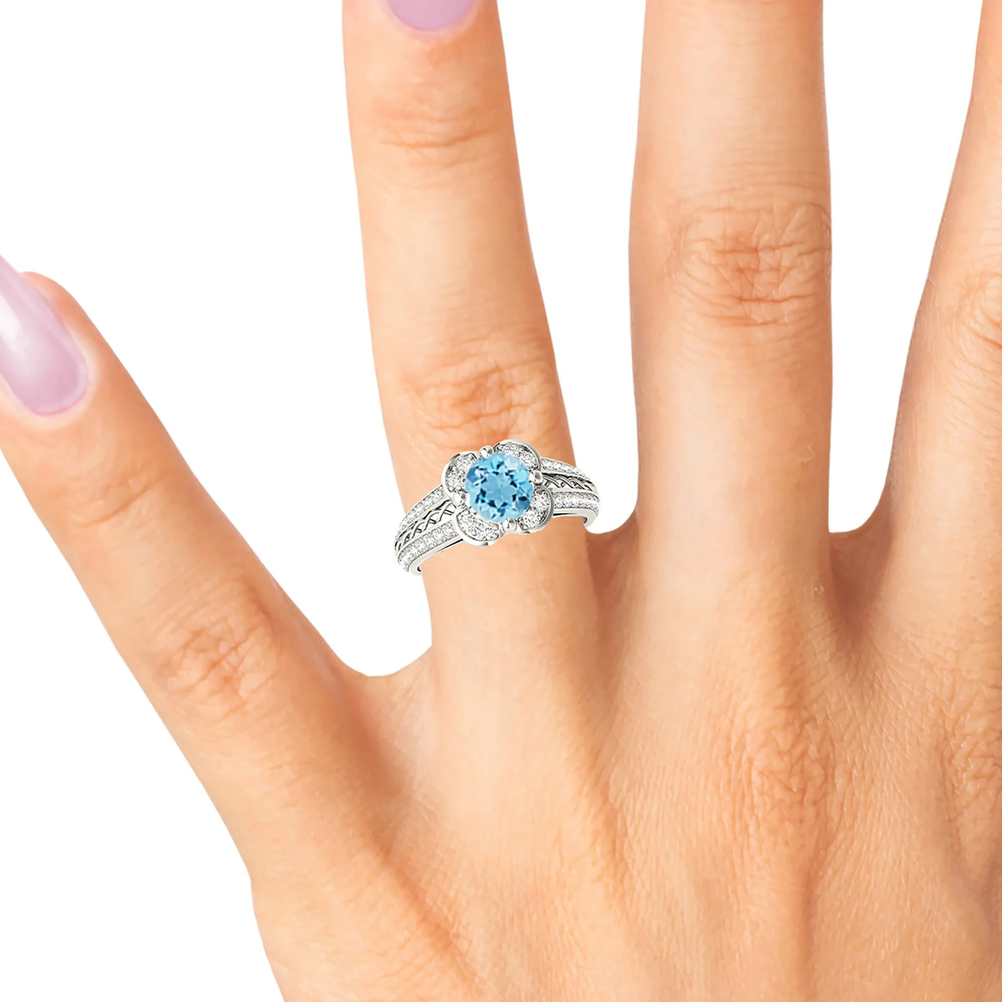 1.75 ct. Genuine Aquamarine Ring With Floral Halo, Graduating Diamond Band