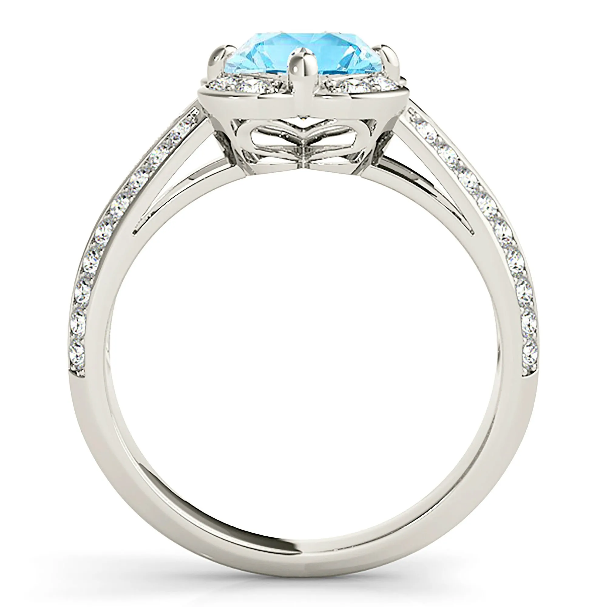 1.75 ct. Genuine Aquamarine Ring With Floral Halo, Graduating Diamond Band