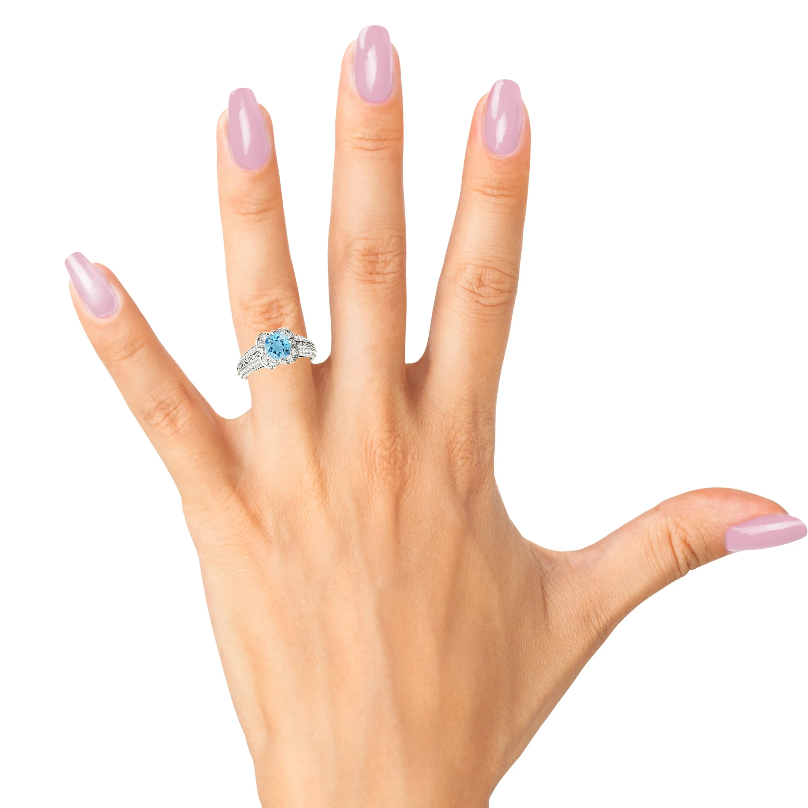 1.75 ct. Genuine Aquamarine Ring With Floral Halo, Graduating Diamond Band
