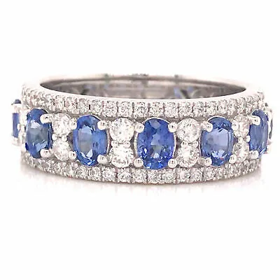 18K Diamond and Oval Sapphire Band White Gold