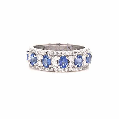 18K Diamond and Oval Sapphire Band White Gold