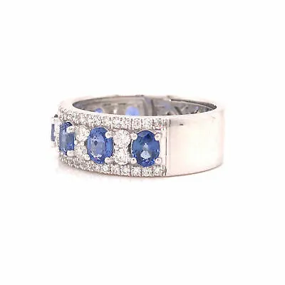 18K Diamond and Oval Sapphire Band White Gold