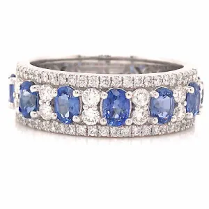 18K Diamond and Oval Sapphire Band White Gold
