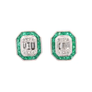 18K Emerald And Diamond Octagon Earrings