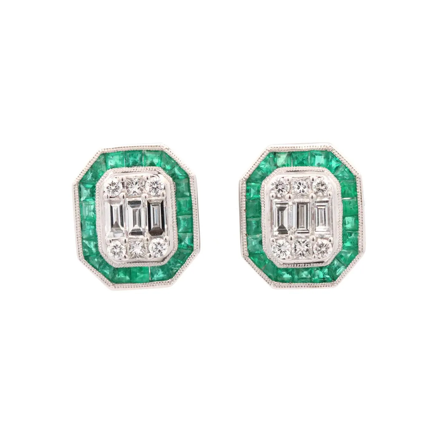 18K Emerald And Diamond Octagon Earrings